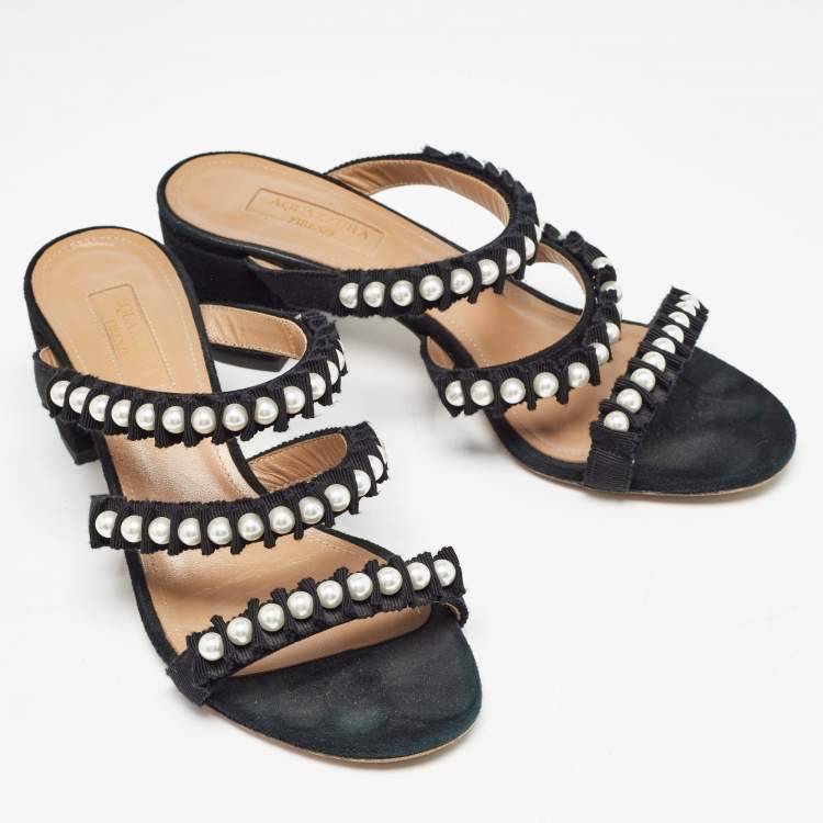 Pre Owned Aquazzura Black Suede and Canvas Love Story Slide Sandals Size 37.5