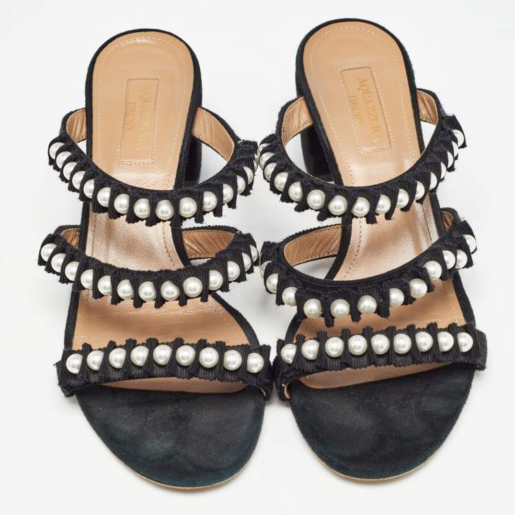 Pre Owned Aquazzura Black Suede and Canvas Love Story Slide Sandals Size 37.5