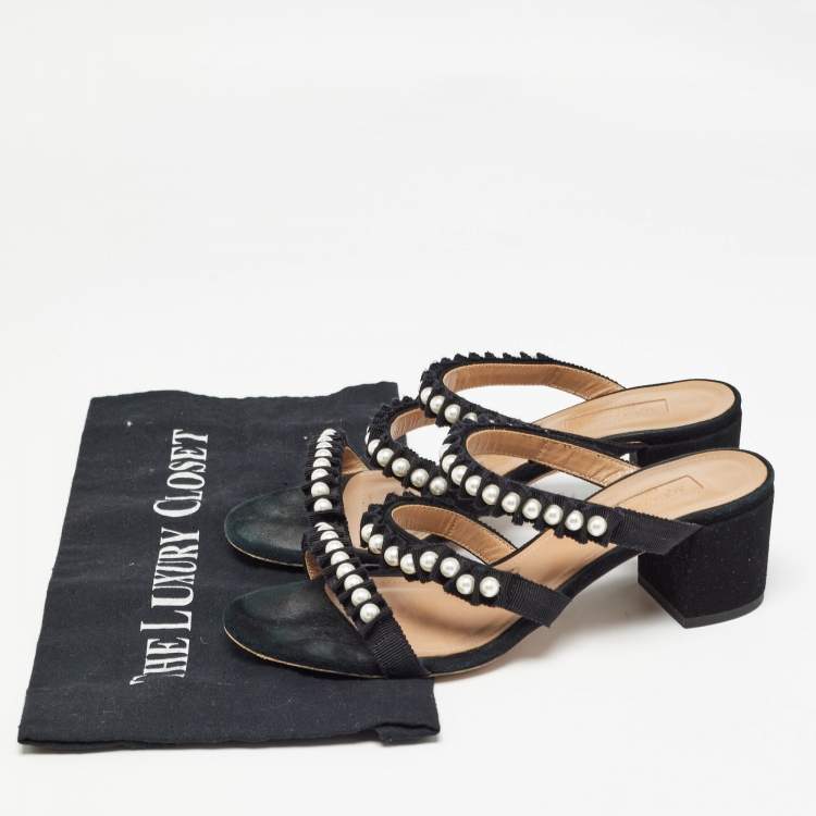 Pre Owned Aquazzura Black Suede and Canvas Love Story Slide Sandals Size 37.5