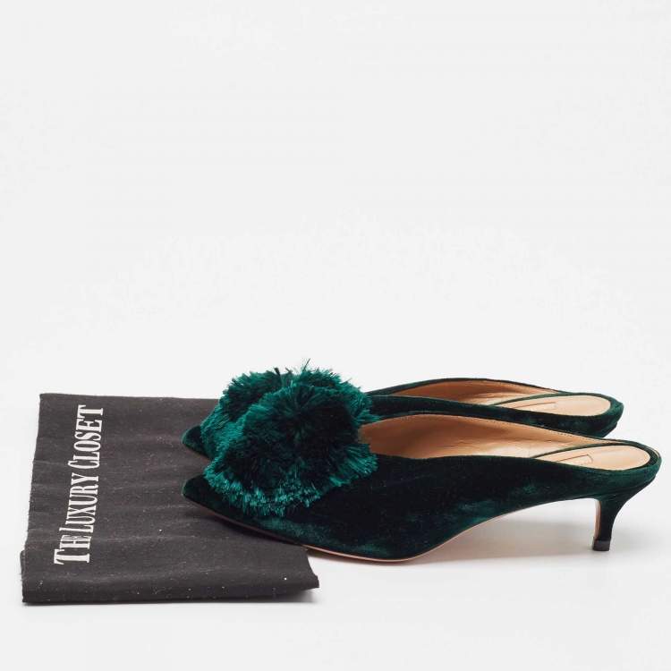 مملوكة مسبقًا Aquazzura Green Velvet  Powder Puff 45 Pompom-Embellished Mules Size 36.5