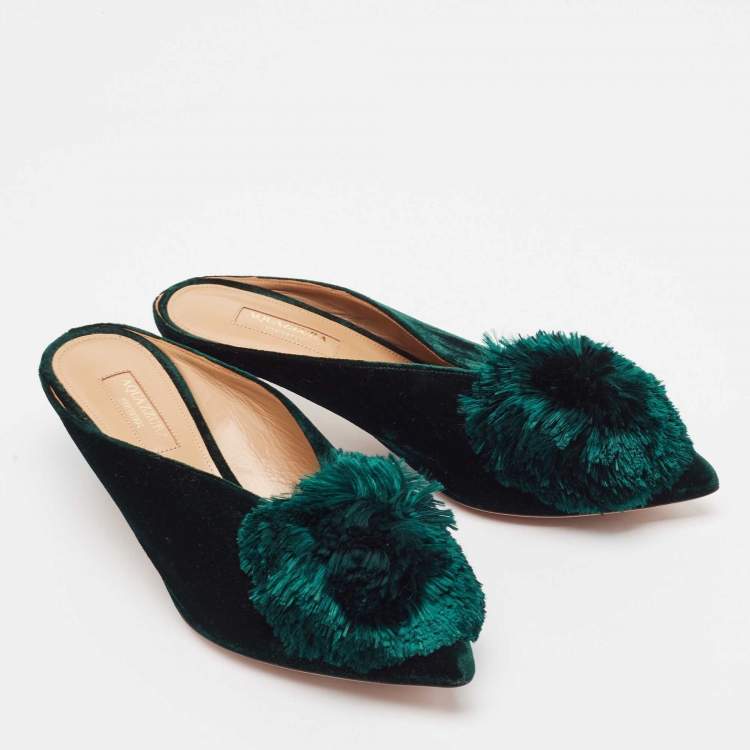 مملوكة مسبقًا Aquazzura Green Velvet  Powder Puff 45 Pompom-Embellished Mules Size 36.5