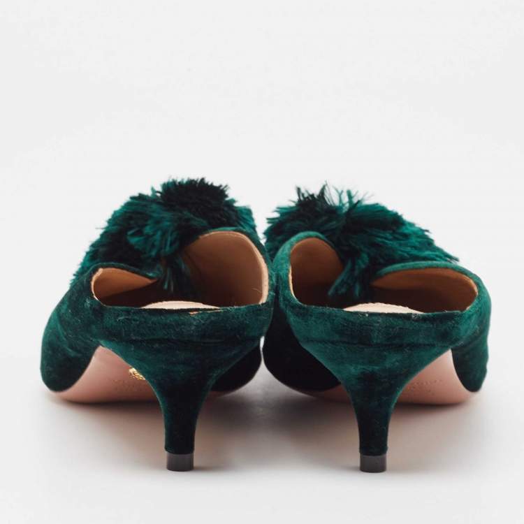 مملوكة مسبقًا Aquazzura Green Velvet  Powder Puff 45 Pompom-Embellished Mules Size 36.5