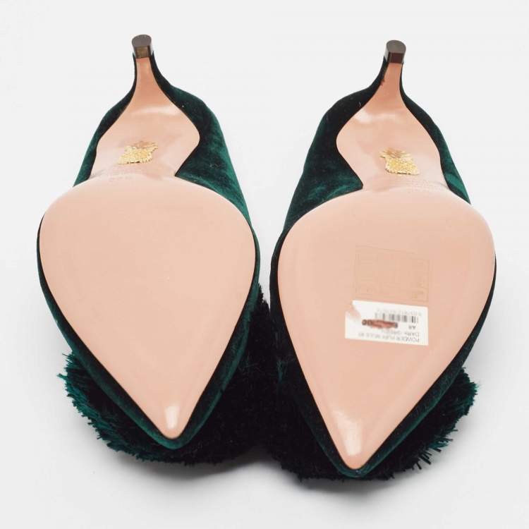 مملوكة مسبقًا Aquazzura Green Velvet  Powder Puff 45 Pompom-Embellished Mules Size 36.5