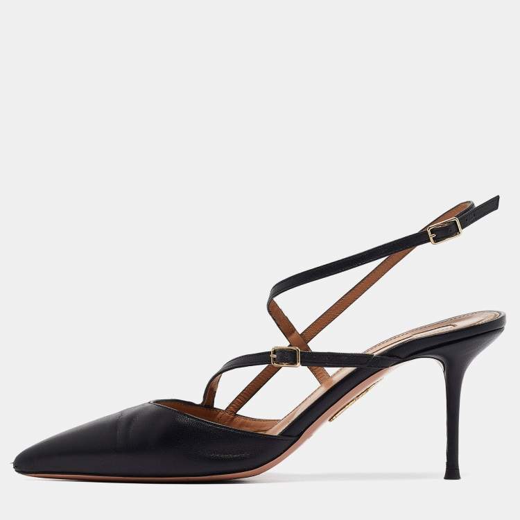 Pre Owned Aquazzura Black Leather Pointed Toe Ankle Strap Pumps Size 39  