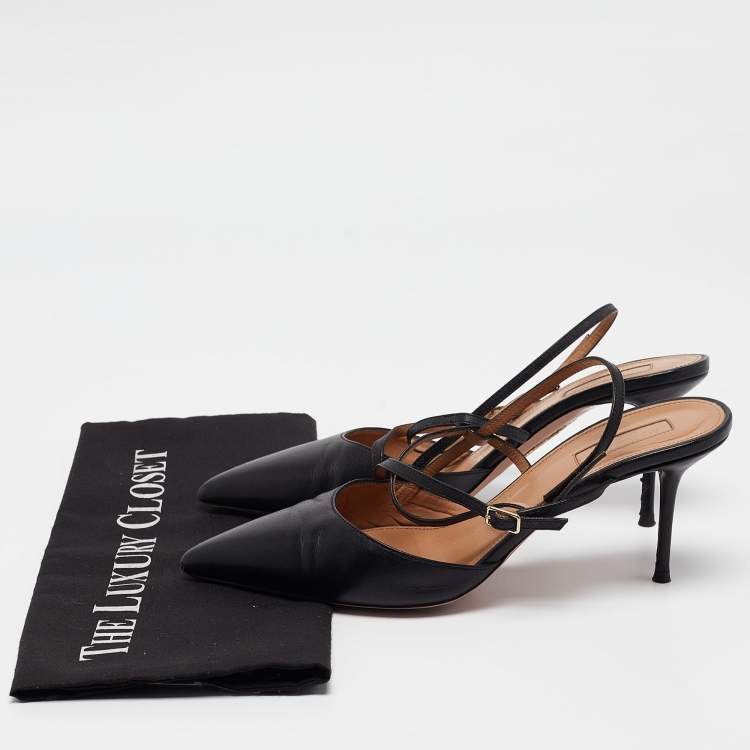 Pre Owned Aquazzura Black Leather Pointed Toe Ankle Strap Pumps Size 39  
