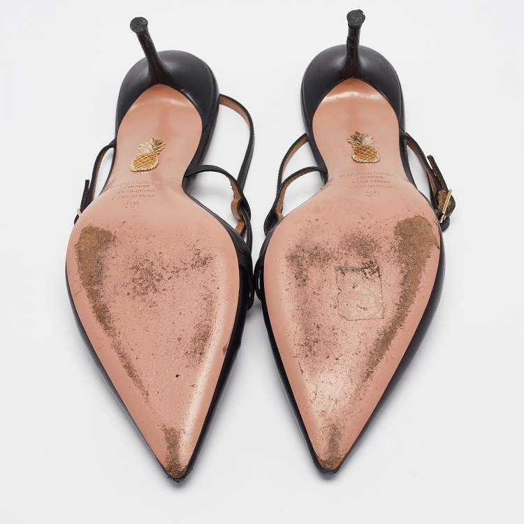 Pre Owned Aquazzura Black Leather Pointed Toe Ankle Strap Pumps Size 39  