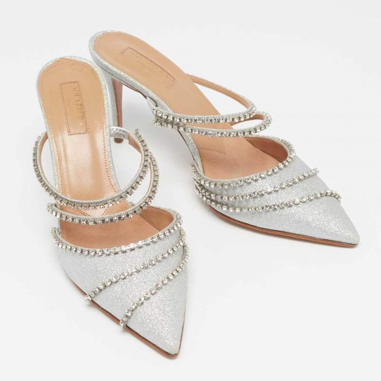 Pre Owned Aquazzura Silver Glitter Crystal Embellished Mules Size 38