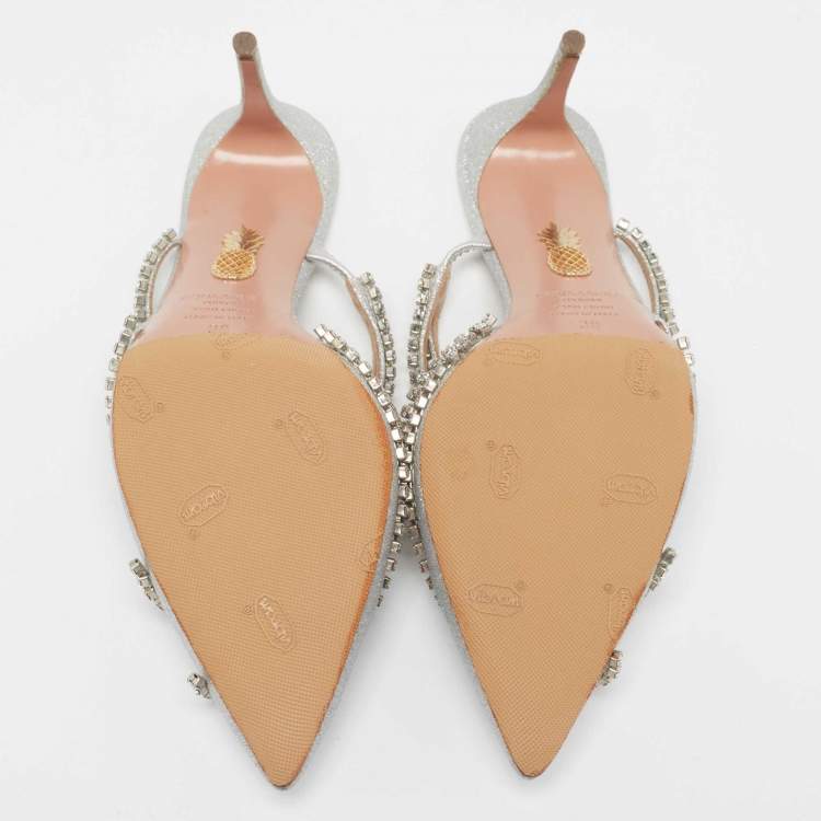 Pre Owned Aquazzura Silver Glitter Crystal Embellished Mules Size 38