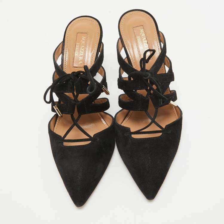 Pre Owned Aquazzura Black Suede Belgravia Mules Size 35.5
