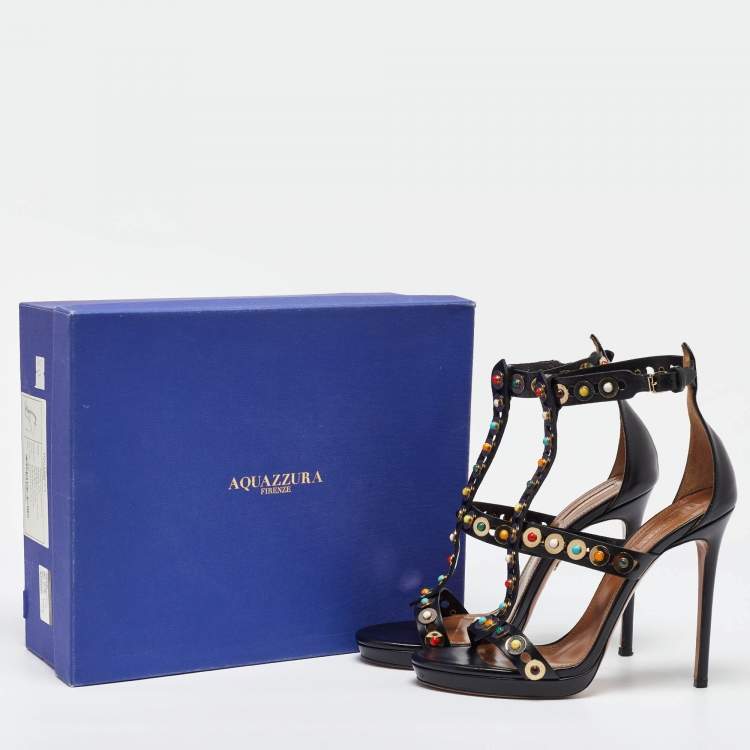 Pre Owned Aquazzura Black Leather Platform Ankle Strap Sandals Size 39.5