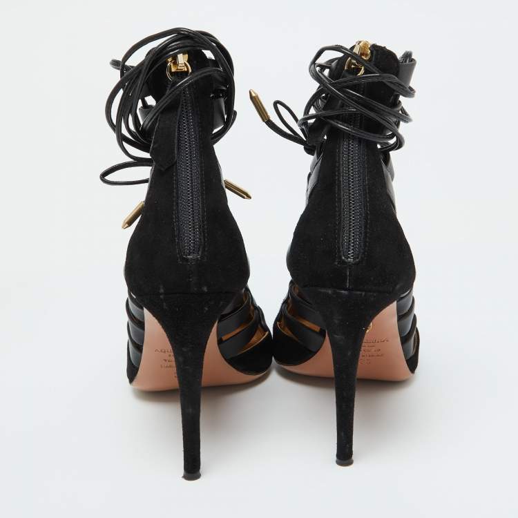 Pre Owned Aquazzura Black Suede and Leather Amazon Ankle Wrap Pumps Size 38