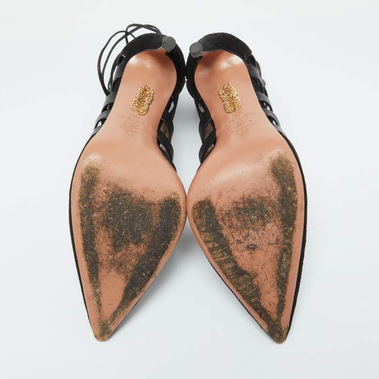 Pre Owned Aquazzura Black Suede and Leather Amazon Ankle Wrap Pumps Size 38