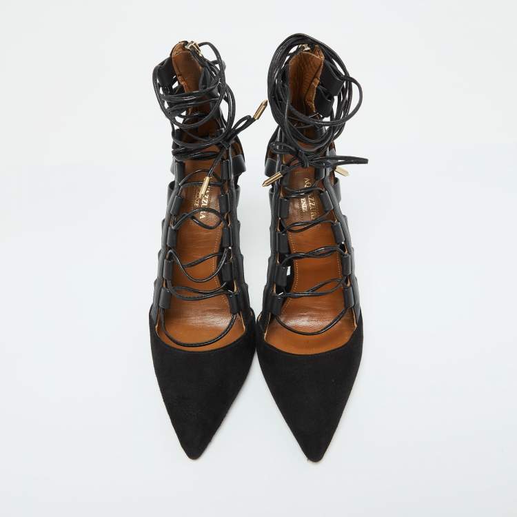 Pre Owned Aquazzura Black Suede and Leather Amazon Ankle Wrap Pumps Size 38