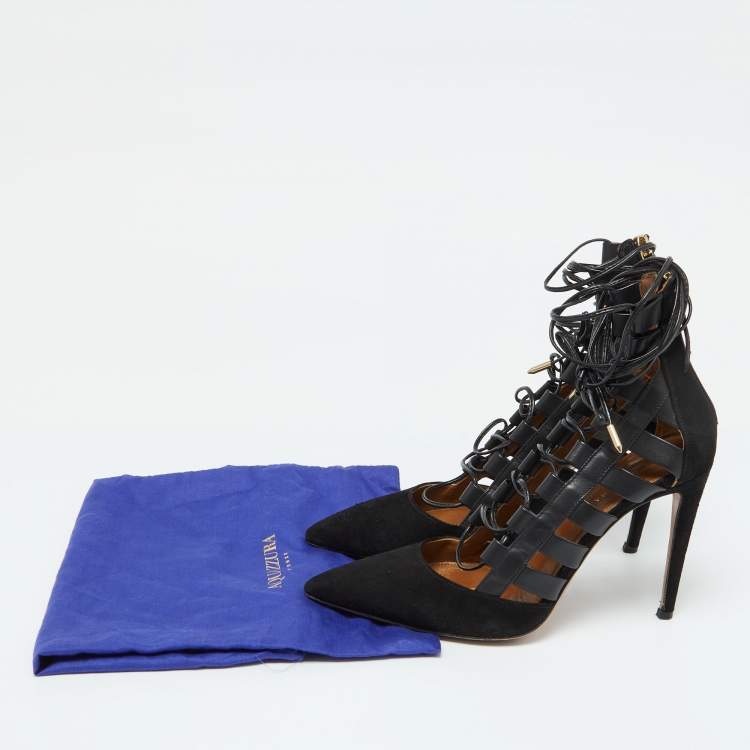 Pre Owned Aquazzura Black Suede and Leather Amazon Ankle Wrap Pumps Size 38
