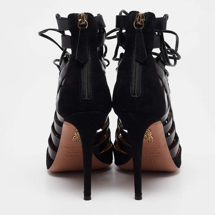 Pre Owned Aquazzura Black Suede and Leather Amazon Ankle Wrap Pumps Size 38