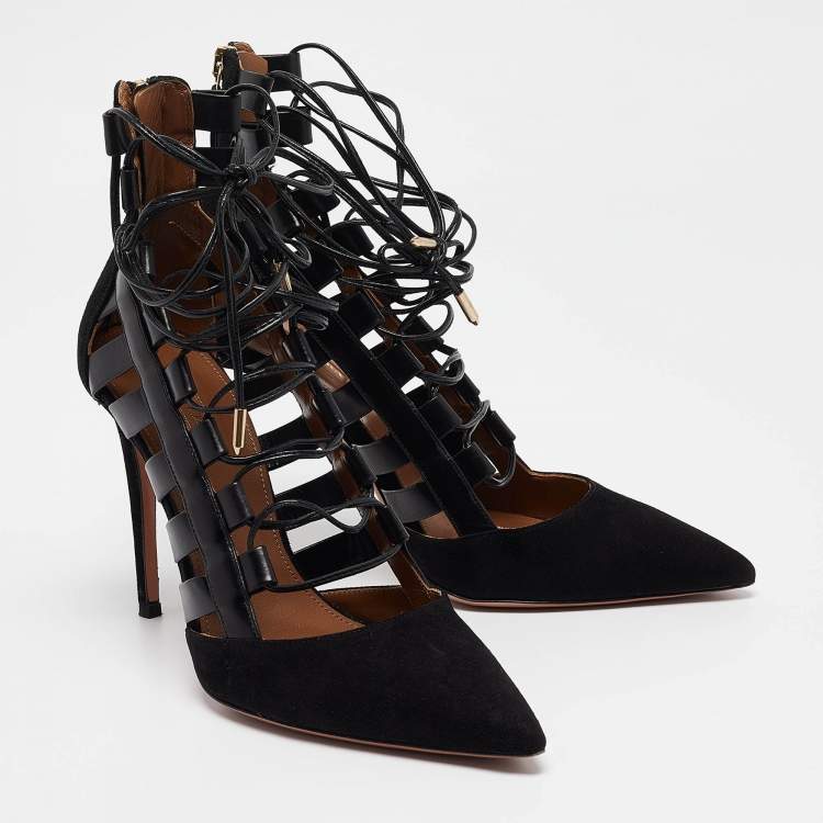 Pre Owned Aquazzura Black Suede and Leather Amazon Ankle Wrap Pumps Size 38