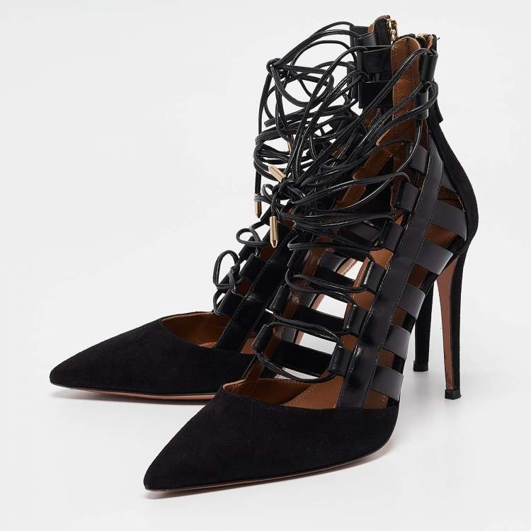 Pre Owned Aquazzura Black Suede and Leather Amazon Ankle Wrap Pumps Size 38