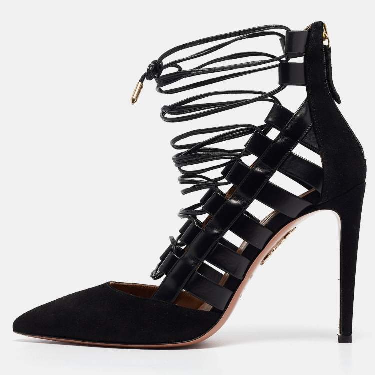 Pre Owned Aquazzura Black Suede and Leather Amazon Ankle Wrap Pumps Size 38