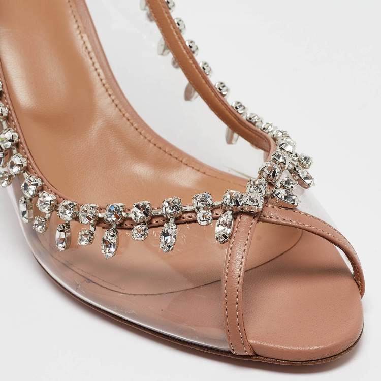 مملوكة مسبقًا Aquazzura Beige Leather and PVC Temptation Slingback Sandals Size 40.5