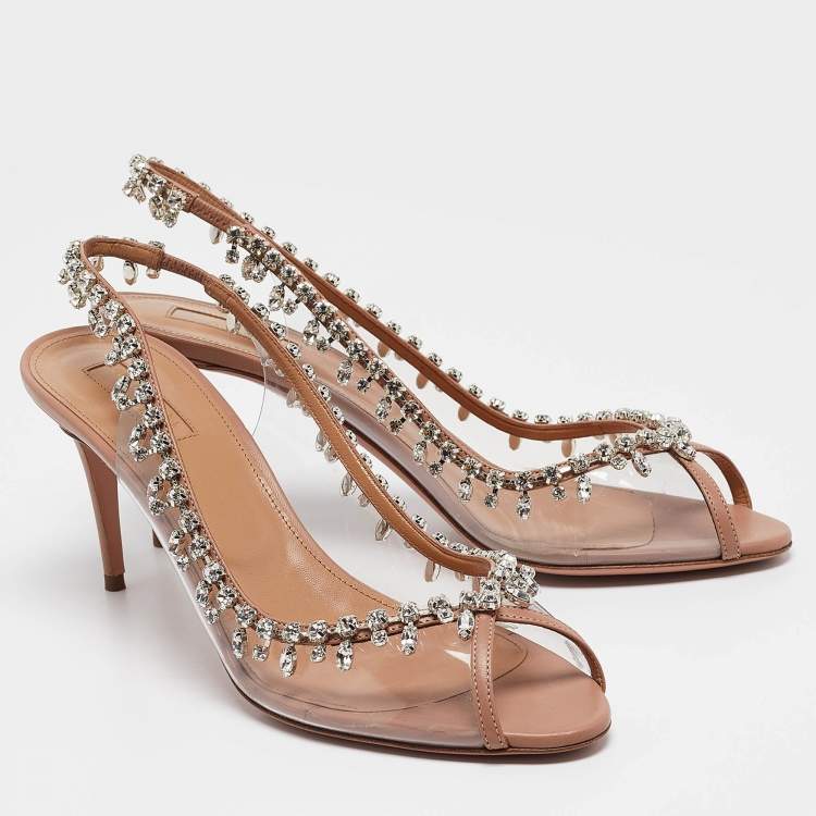 مملوكة مسبقًا Aquazzura Beige Leather and PVC Temptation Slingback Sandals Size 40.5