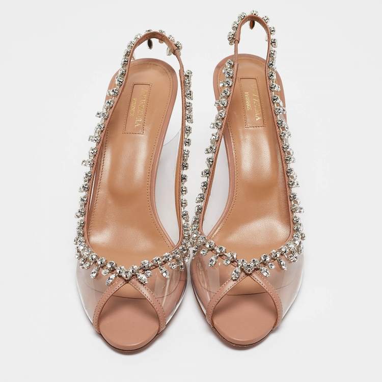 مملوكة مسبقًا Aquazzura Beige Leather and PVC Temptation Slingback Sandals Size 40.5