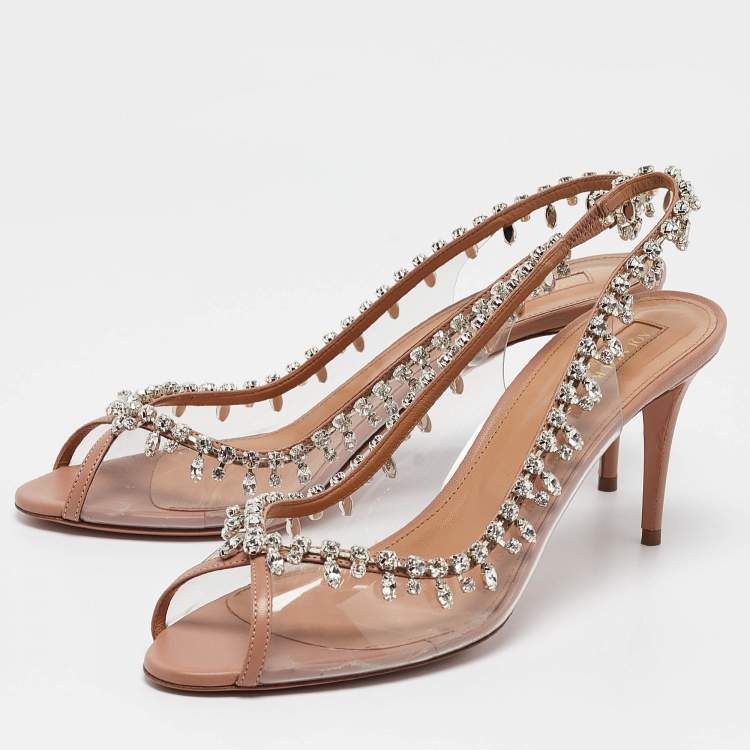 مملوكة مسبقًا Aquazzura Beige Leather and PVC Temptation Slingback Sandals Size 40.5
