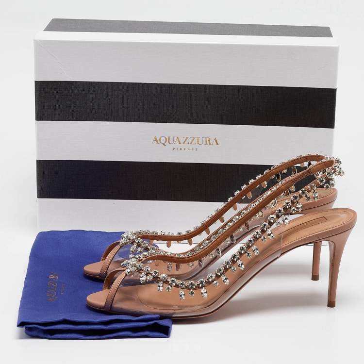 مملوكة مسبقًا Aquazzura Beige Leather and PVC Temptation Slingback Sandals Size 40.5