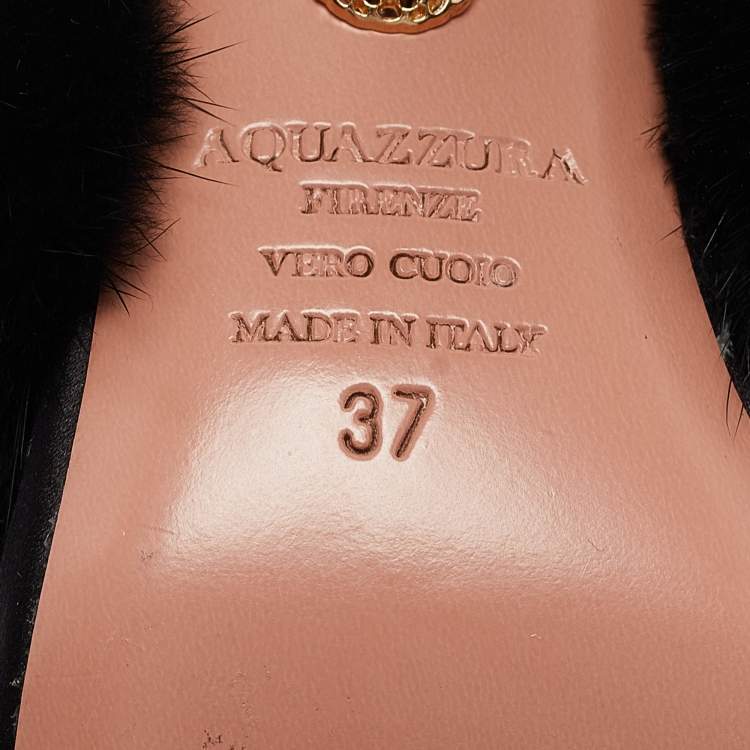 Pre Owned Aquazzura Black Mink Fur Slide Sandals Size 37