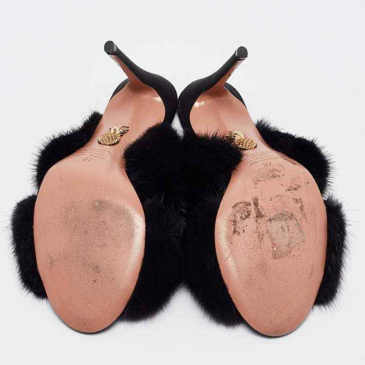 Pre Owned Aquazzura Black Mink Fur Slide Sandals Size 37