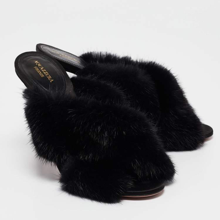 Pre Owned Aquazzura Black Mink Fur Slide Sandals Size 37