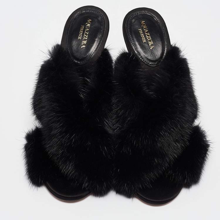 Pre Owned Aquazzura Black Mink Fur Slide Sandals Size 37