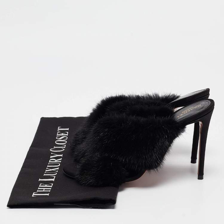Pre Owned Aquazzura Black Mink Fur Slide Sandals Size 37