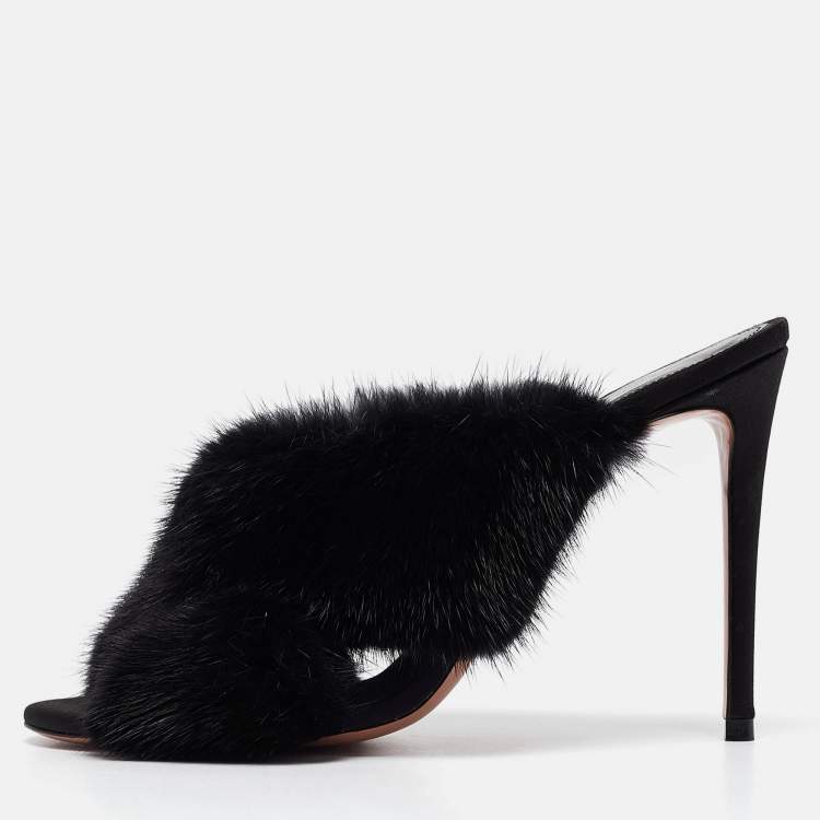 Pre Owned Aquazzura Black Mink Fur Slide Sandals Size 37