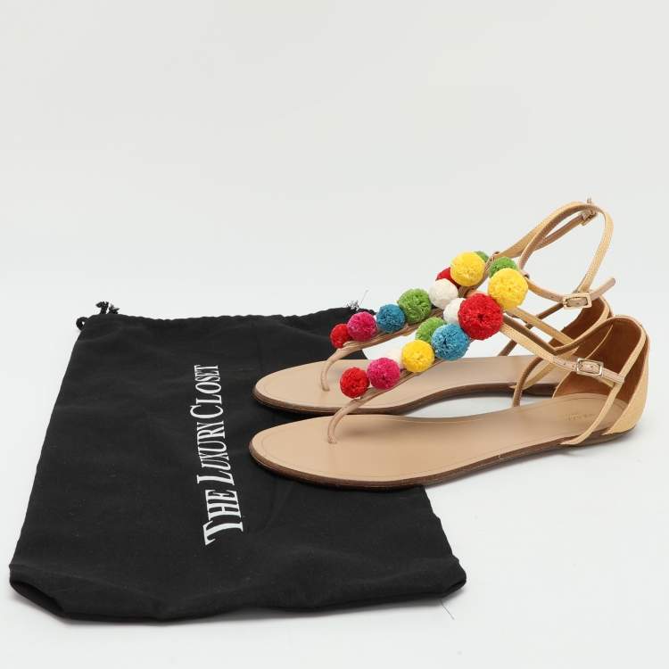 Pre Owned Aquazzura Beige Canvas Pom Pom Flat Sandals Size 40