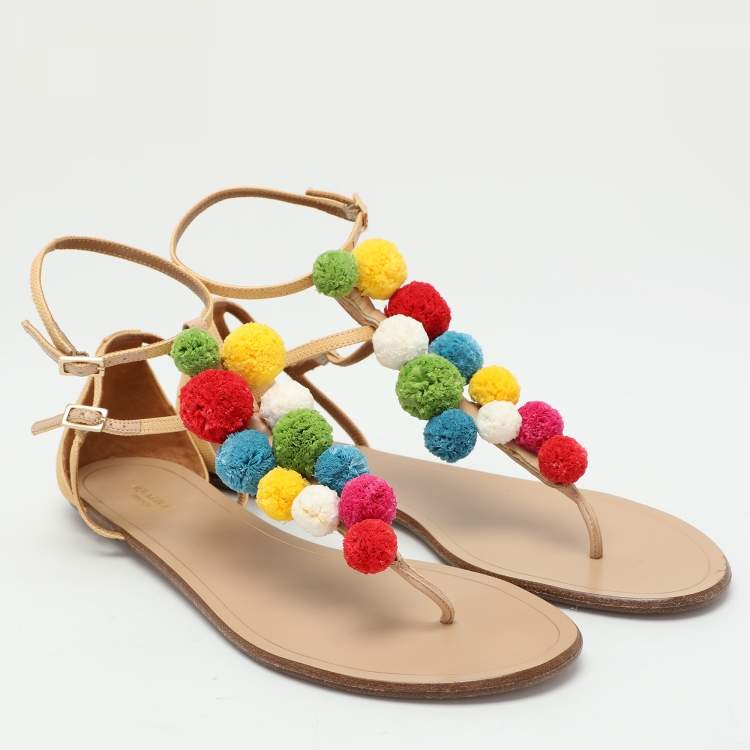 Pre Owned Aquazzura Beige Canvas Pom Pom Flat Sandals Size 40