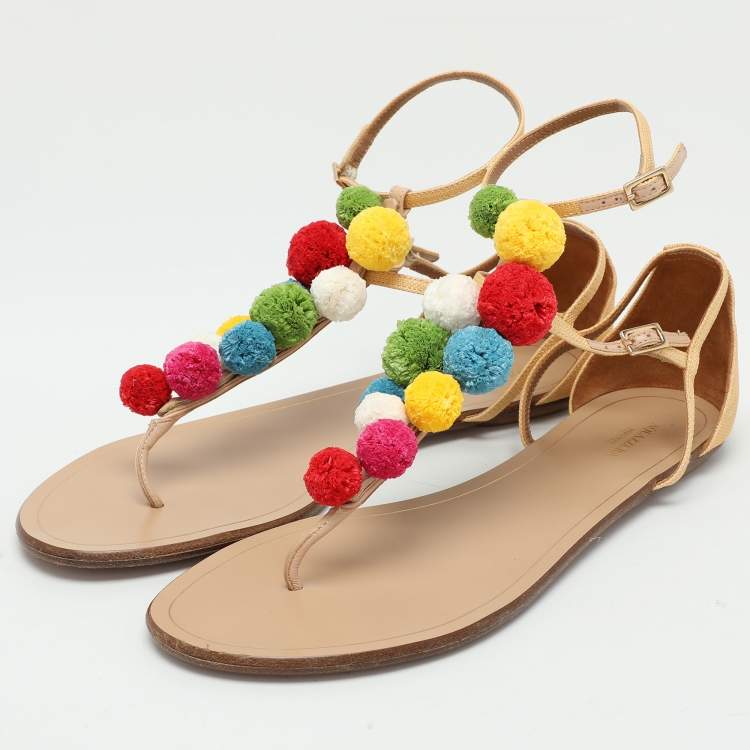 Pre Owned Aquazzura Beige Canvas Pom Pom Flat Sandals Size 40