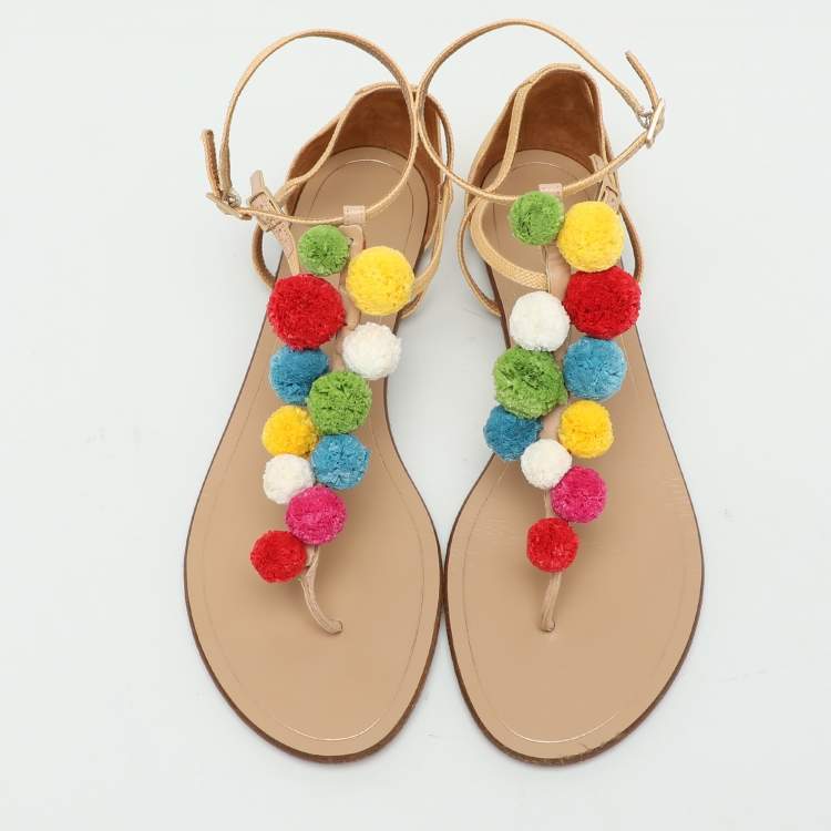 Pre Owned Aquazzura Beige Canvas Pom Pom Flat Sandals Size 40