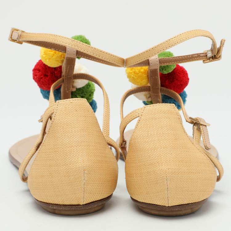 Pre Owned Aquazzura Beige Canvas Pom Pom Flat Sandals Size 40