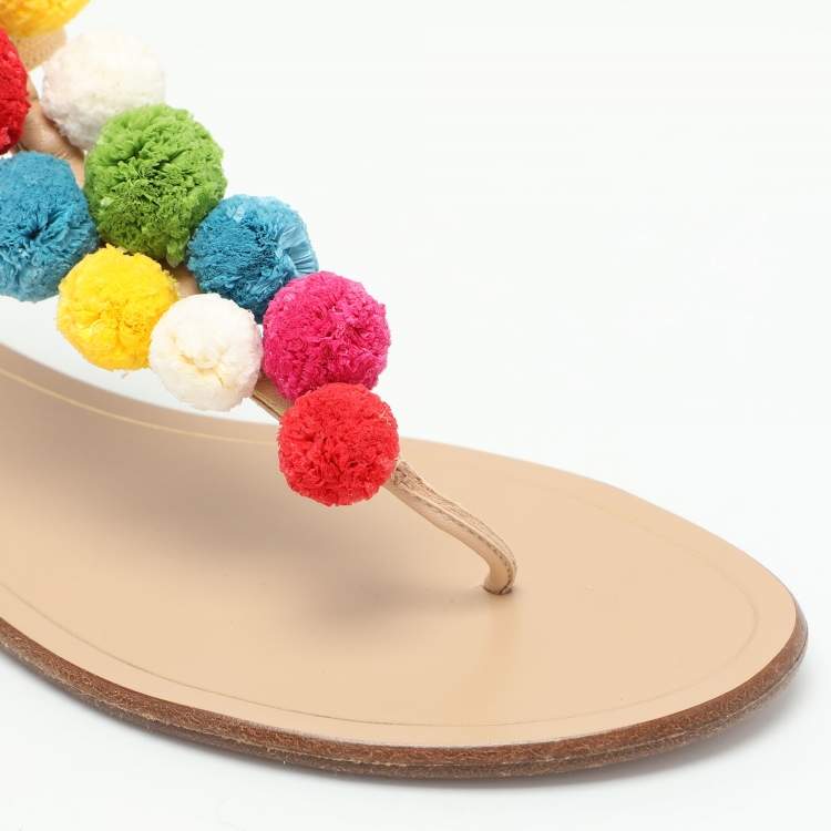Pre Owned Aquazzura Beige Canvas Pom Pom Flat Sandals Size 40