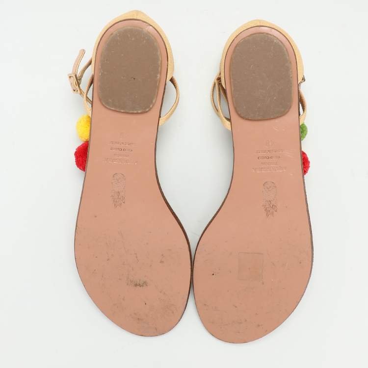 Pre Owned Aquazzura Beige Canvas Pom Pom Flat Sandals Size 40