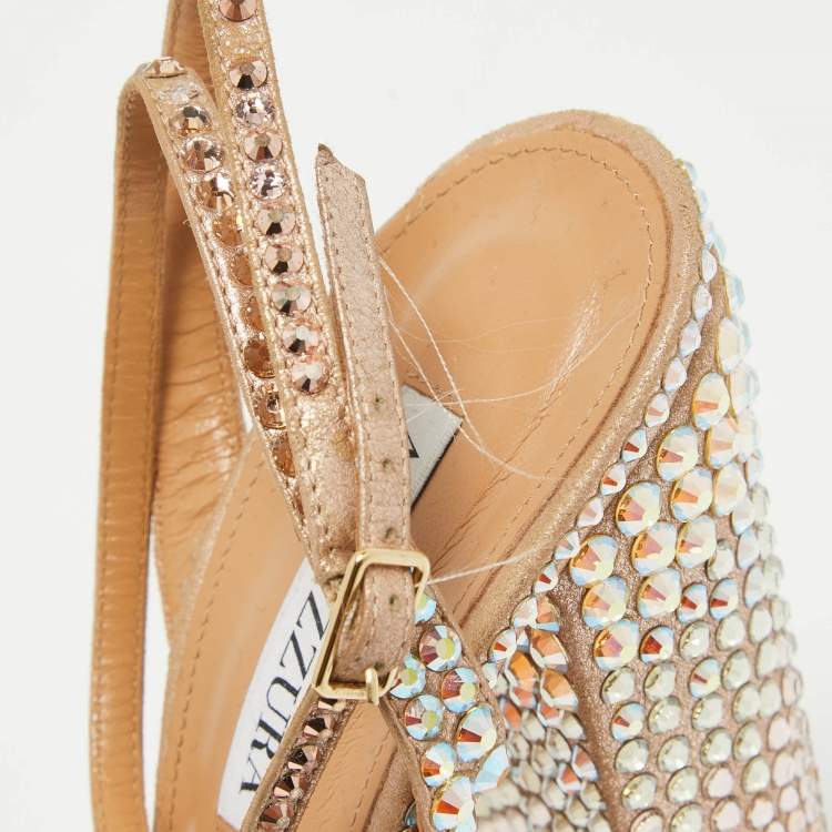 Pre Owned Aquazzura Rose Gold Crystal Embellished Leather Sinner Sandals Size 39