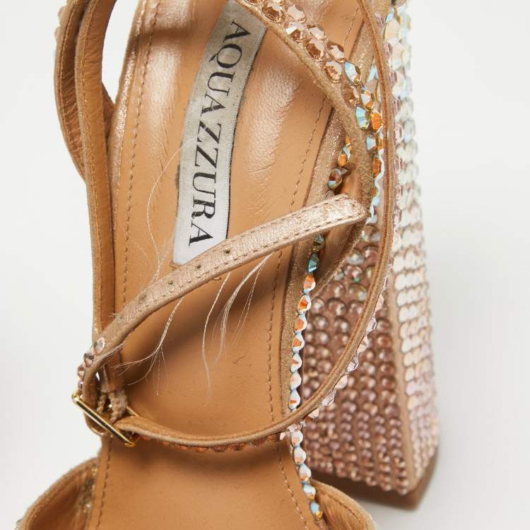 Pre Owned Aquazzura Rose Gold Crystal Embellished Leather Sinner Sandals Size 39