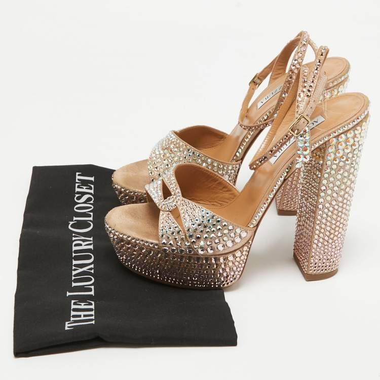Pre Owned Aquazzura Rose Gold Crystal Embellished Leather Sinner Sandals Size 39