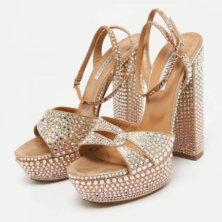 Pre Owned Aquazzura Rose Gold Crystal Embellished Leather Sinner Sandals Size 39