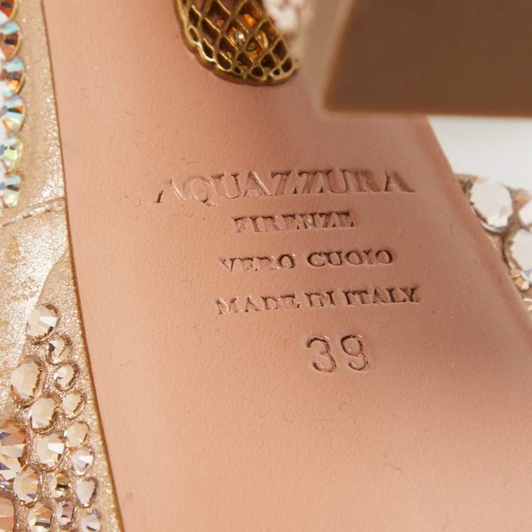 Pre Owned Aquazzura Rose Gold Crystal Embellished Leather Sinner Sandals Size 39