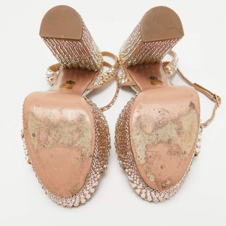 Pre Owned Aquazzura Rose Gold Crystal Embellished Leather Sinner Sandals Size 39