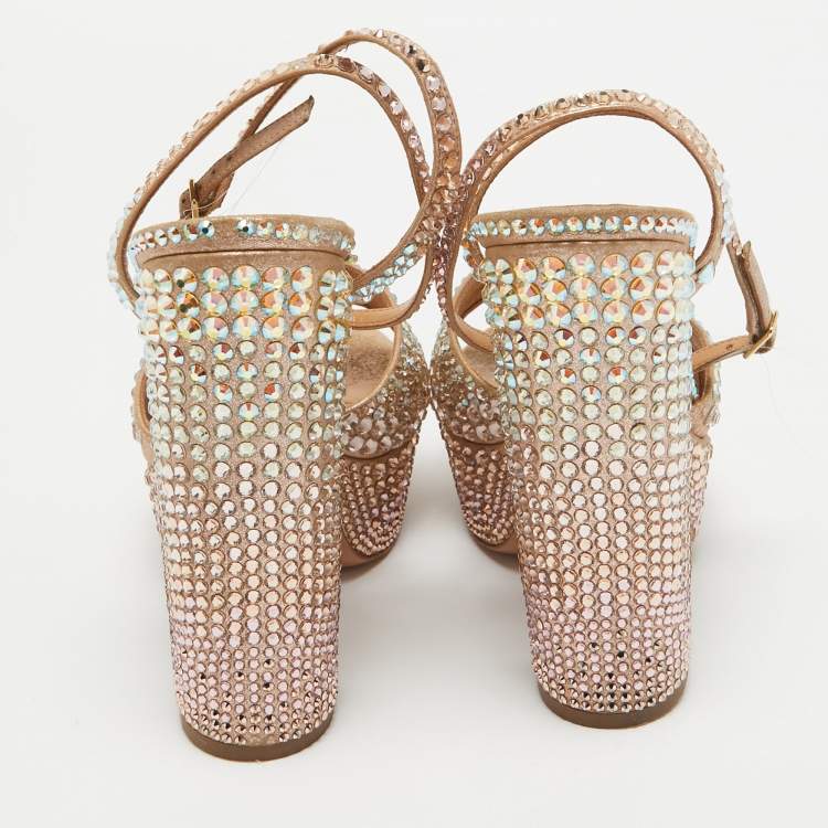Pre Owned Aquazzura Rose Gold Crystal Embellished Leather Sinner Sandals Size 39