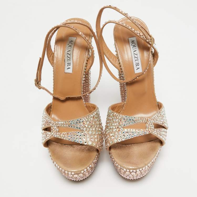 Pre Owned Aquazzura Rose Gold Crystal Embellished Leather Sinner Sandals Size 39