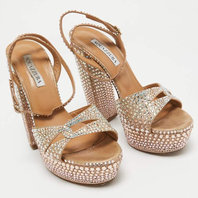 Pre Owned Aquazzura Rose Gold Crystal Embellished Leather Sinner Sandals Size 39