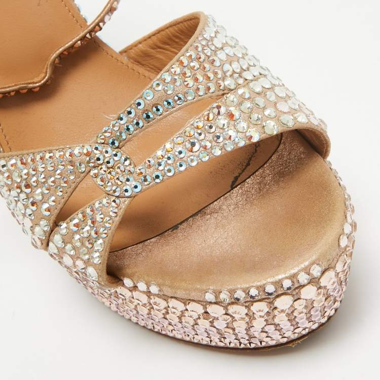 Pre Owned Aquazzura Rose Gold Crystal Embellished Leather Sinner Sandals Size 39